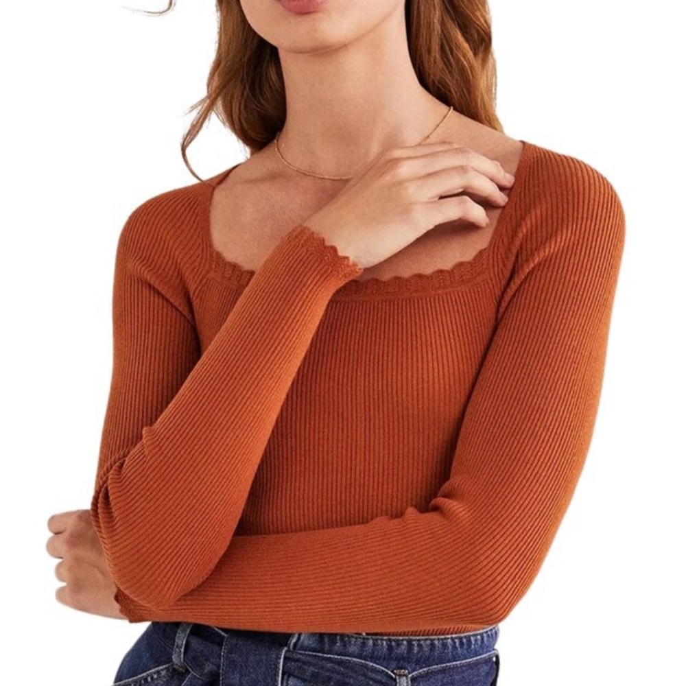 NWT Boden Ribbed Square Neck Knitted Top in Rust